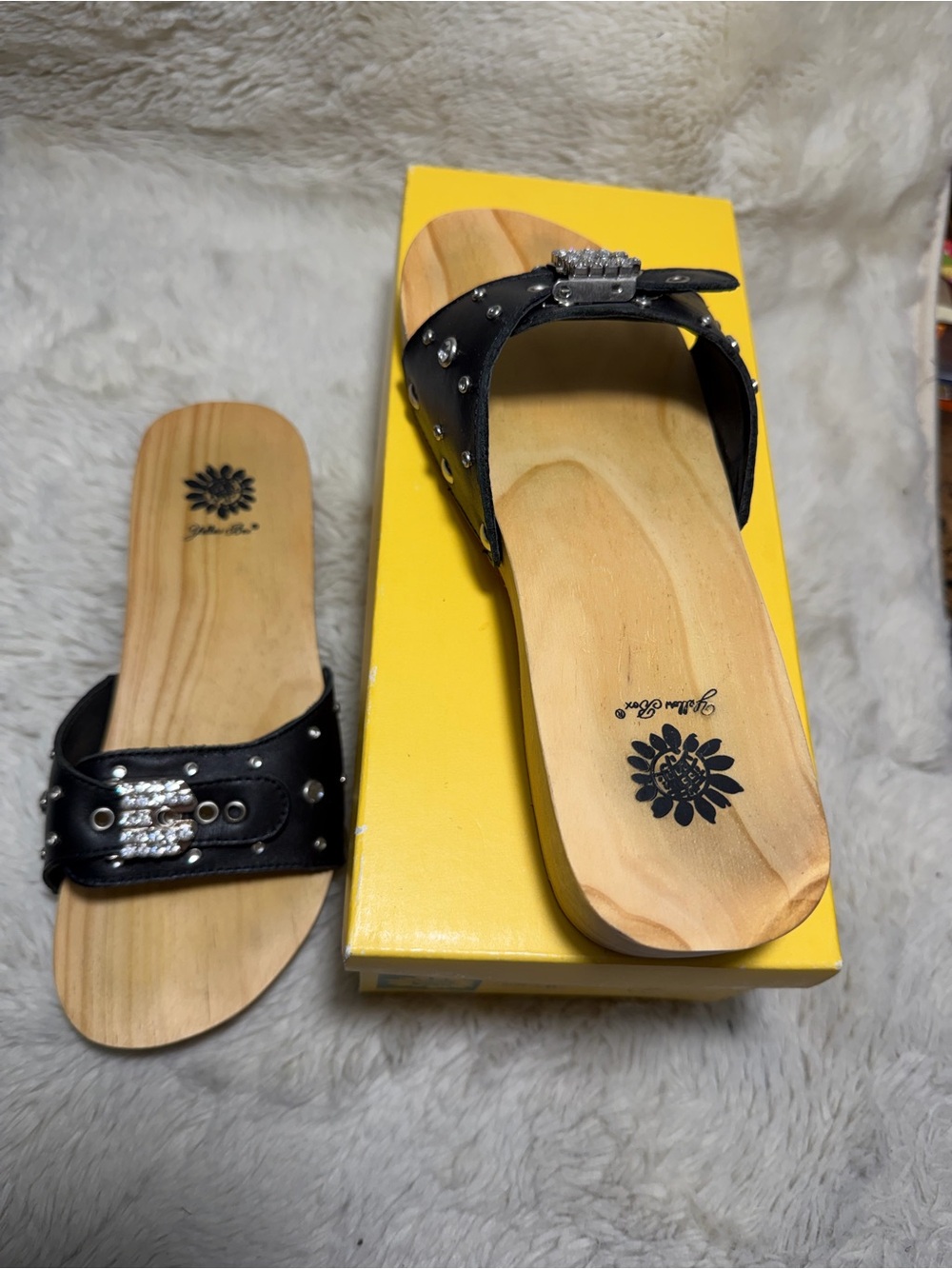 Studded Black Leather Slide Sandals with Wood Footbed